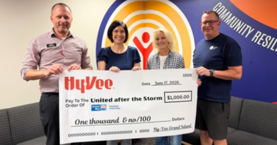 Photo (left to right): Grand Island Hy-Vee Store Manager and Heartland United Way Board Member Brent Grummert, HUW Communications Director Sara Kirkley, HUW President Karen Rathke, HUW Community Initiatives Director Jeremy Ross