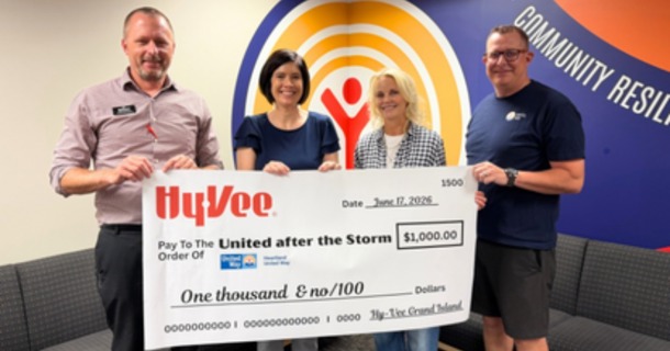 Photo (left to right): Grand Island Hy-Vee Store Manager and Heartland United Way Board Member Brent Grummert, HUW Communications Director Sara Kirkley, HUW President Karen Rathke, HUW Community Initiatives Director Jeremy Ross