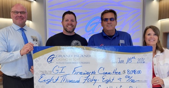 Attached photo: David McDermott, with the Grand Island Casino Resort, presented a check to members of the Grand Island Community Fireworks committee, Josh Smidt, Greg Geis and Dana Jelinek. McDermott also serves on the committee.
