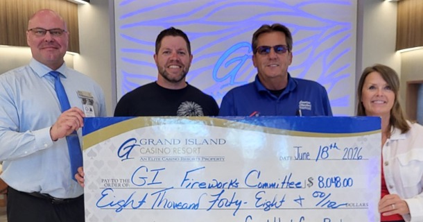 Attached photo: David McDermott, with the Grand Island Casino Resort, presented a check to members of the Grand Island Community Fireworks committee, Josh Smidt, Greg Geis and Dana Jelinek. McDermott also serves on the committee.