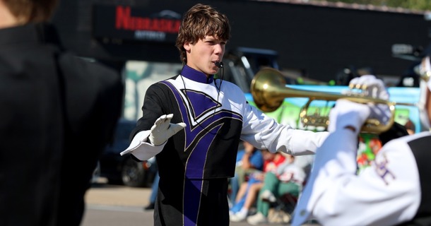 Cael Wiegert Drum Major leading the GISH Marching Band at Harvest of Harmony 2025