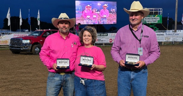 Jeff and Becky Crecelius (on the left), and Mark Hinrichs, were honored with Oregon Trail Rodeo Committee People of the Year (for the Crecelius’) and Volunteer of the Year (for Hinrichs) at the Hastings PRCA rodeo on August 15. Photo by R. Nicolaus