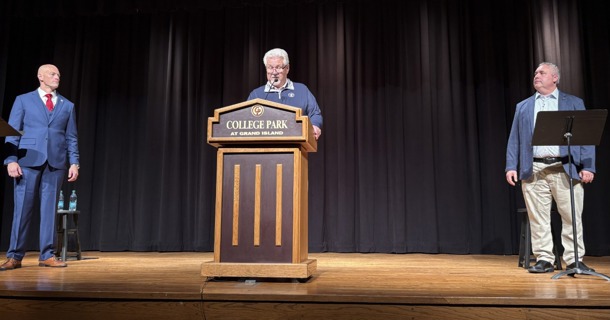Grand Island mayor candidates Jimmy Reed (left) and Ryan O'Neill (right) participated in a debate Oct. 29 at College Park's auditorium. Brian Gallagher (center) with KRGI/Usher Media Group was the moderator. (Carol Bryant, Central Nebraska Today)
